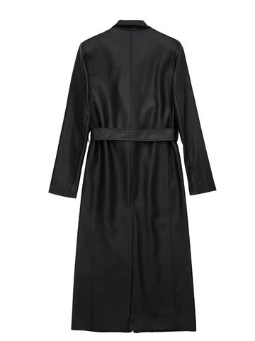 Yipinpay Black Trench Coat For Women Faux Leather Long Coat Women Winter 2023 Belt Elegant Woman Trench Coat Women's Windbreaker